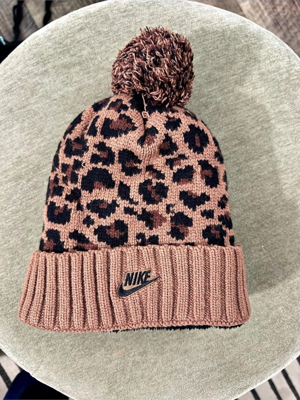 Nike Leopard Print Knit Pom Beanie Like New